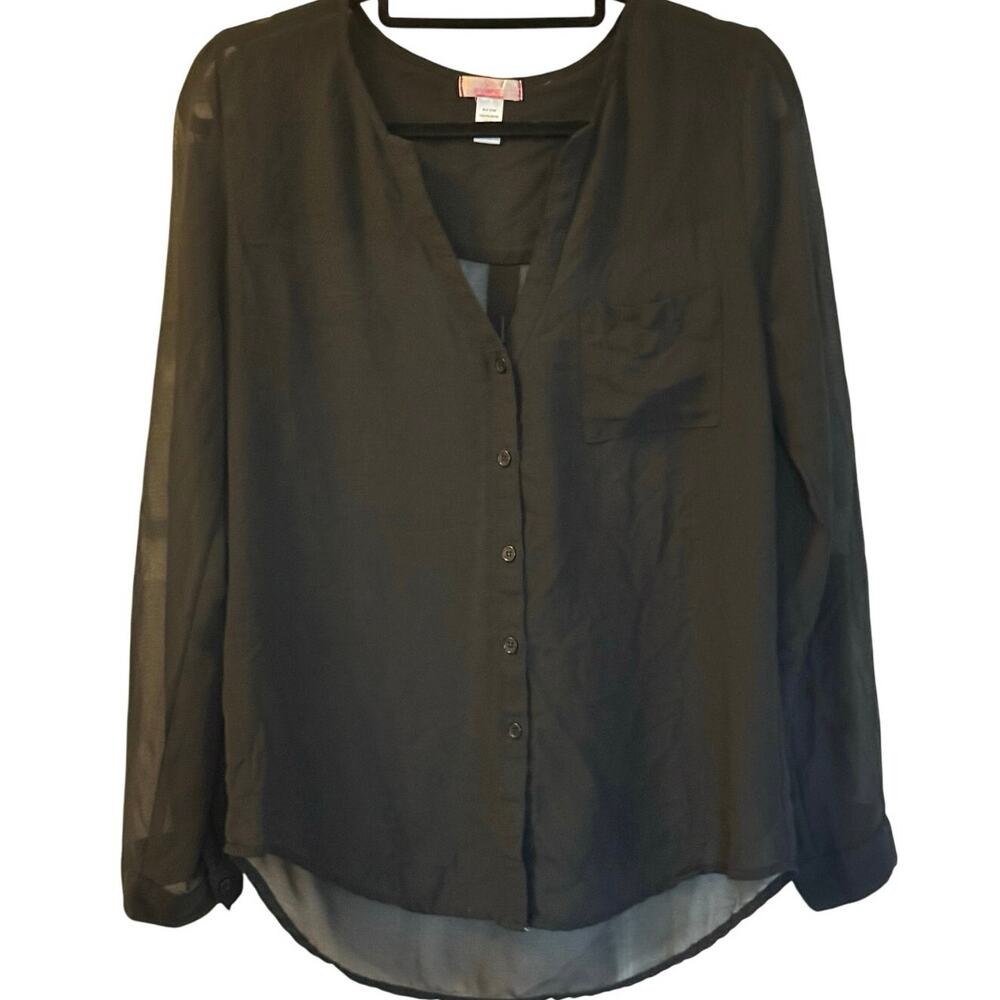 Six Degrees of Separation Sheer Black V-Neck Button Down Top Size Medium